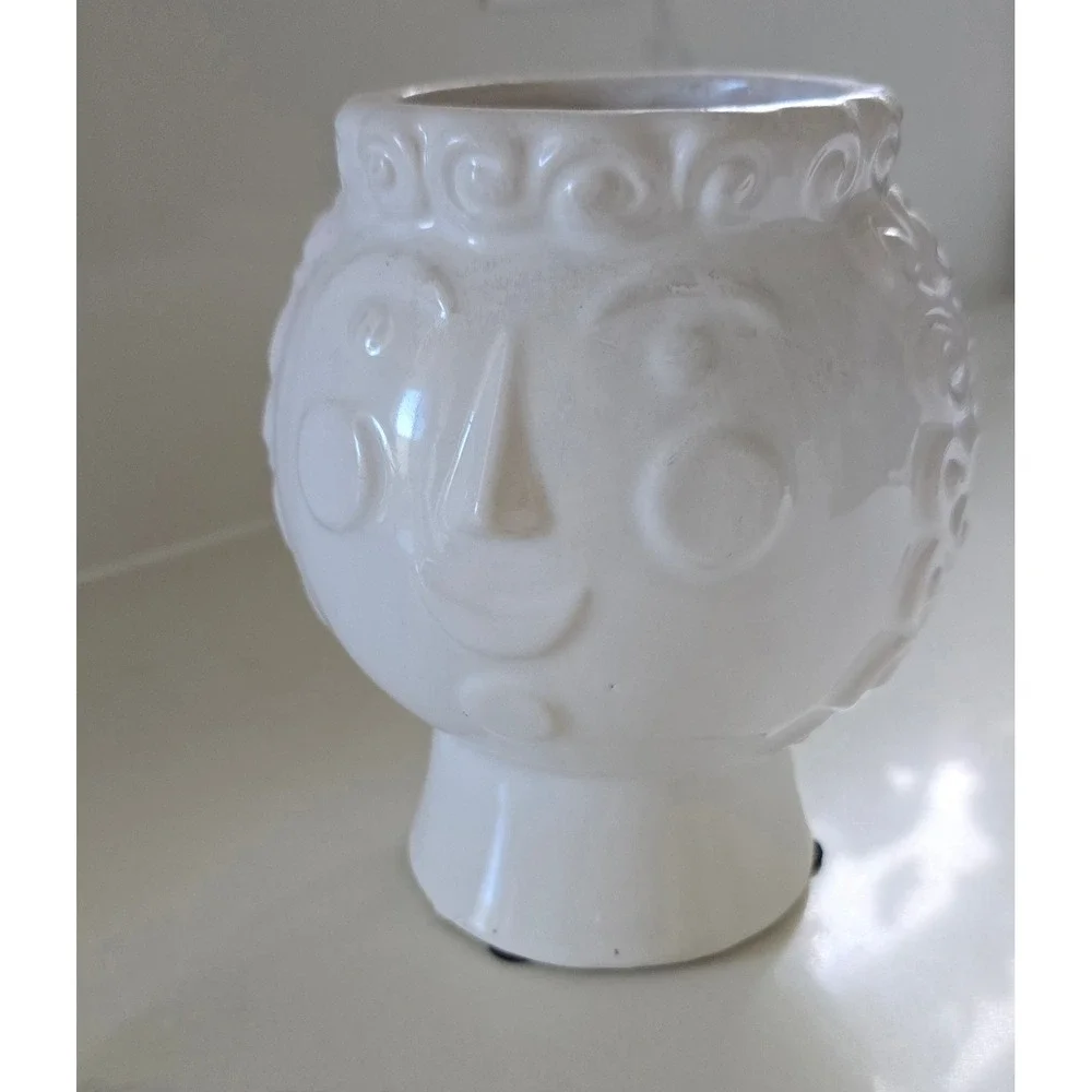 White Ceramic Face Planter Whimsical Embossed Head Vase Glossy 14946-04